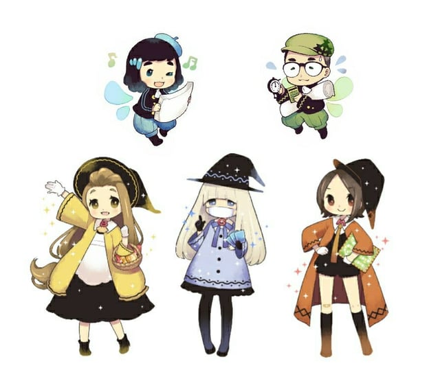 ３人の魔女（左からBell,Grace,Marsha）と2人の妖精（PageとPerceval）